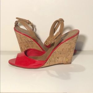 Tory Burch red patent wedges